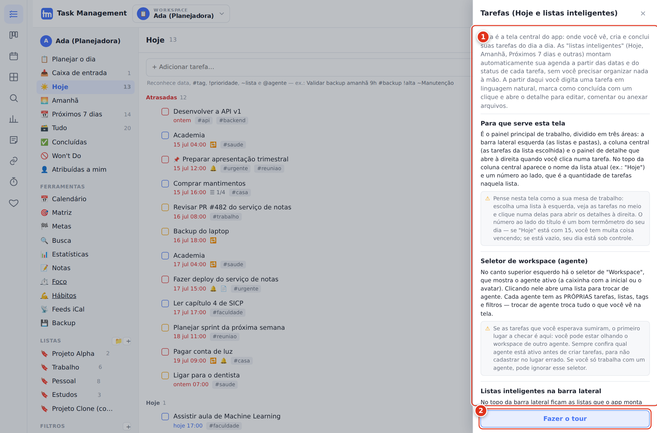 O painel de ajuda “?” aberto.