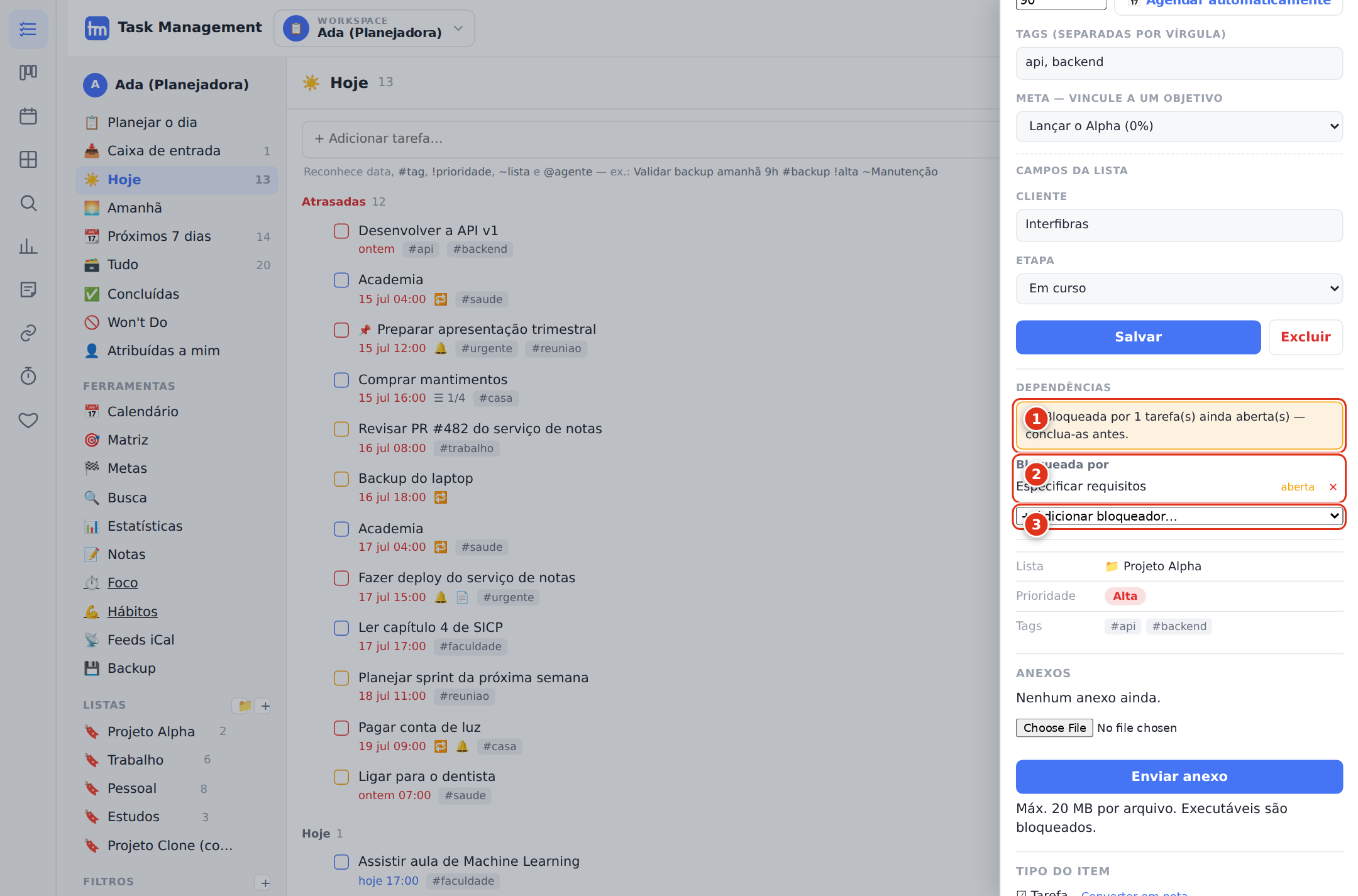 A seção Dependências no detalhe de uma tarefa bloqueada.