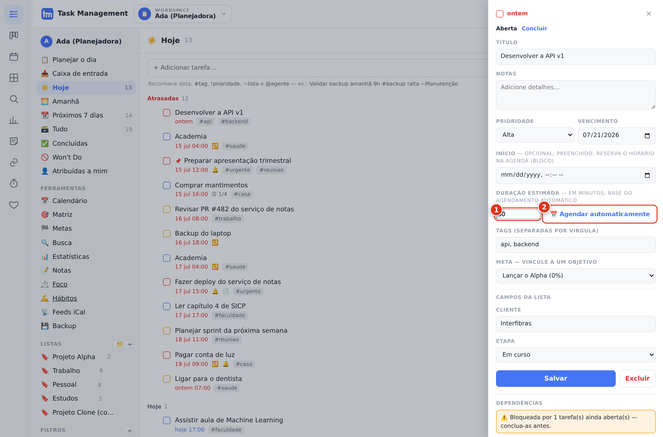 O campo de duração e o botão de agendamento automático, no detalhe da tarefa.