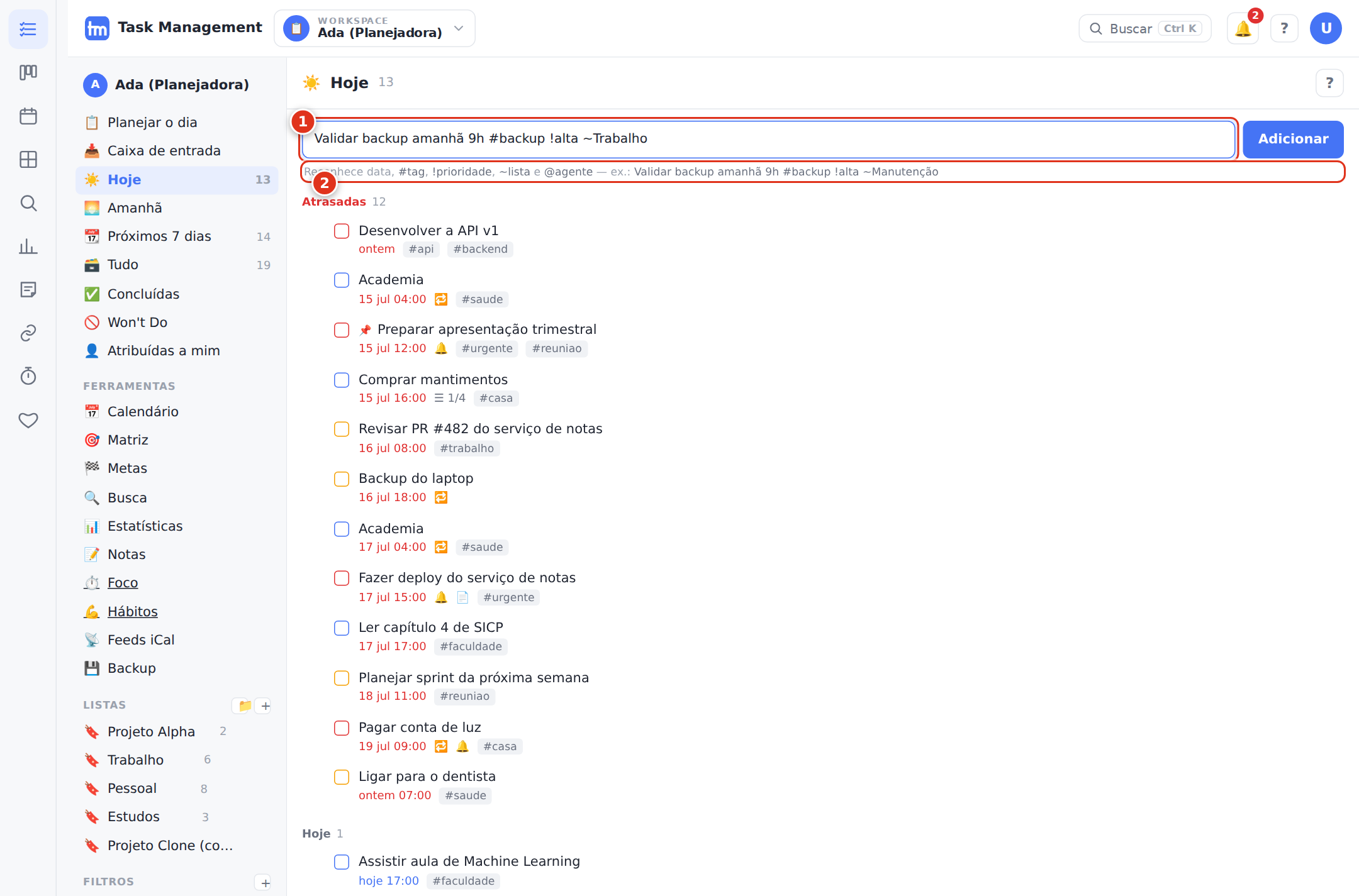 A entrada rápida com um exemplo digitado e a dica de sintaxe.