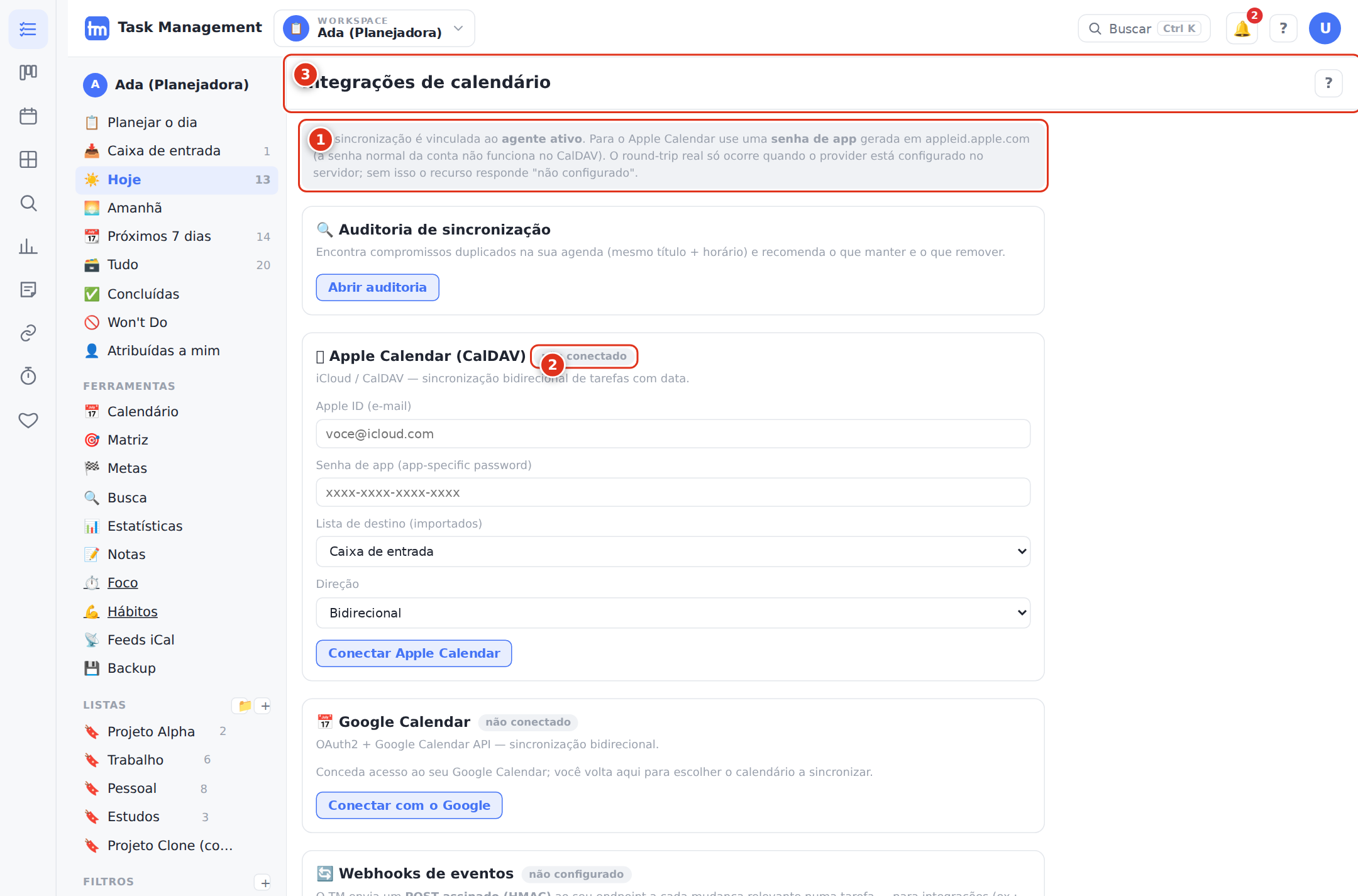 A tela de Integrações (sincronização de calendário).