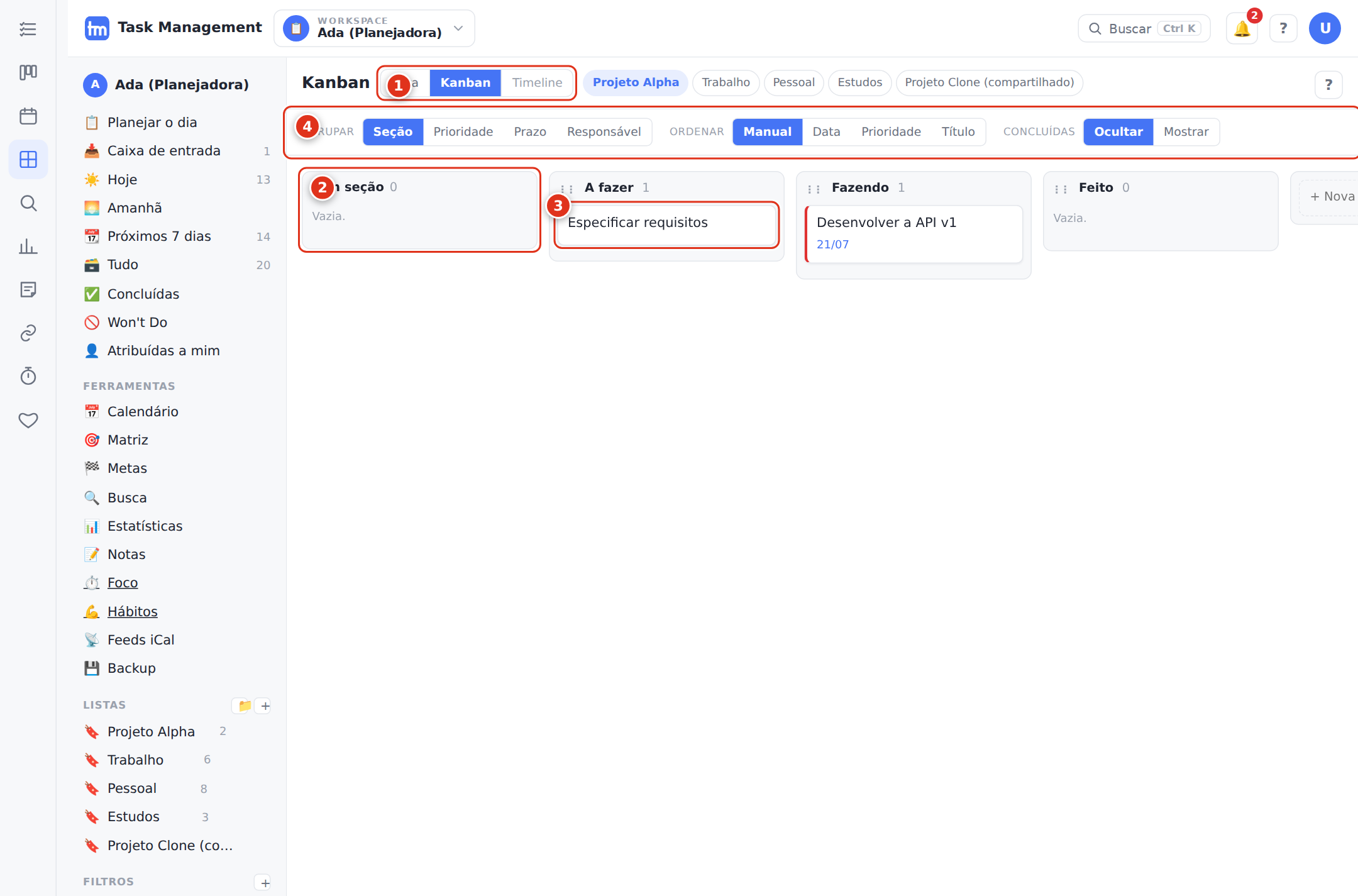 Uma lista (Projeto Alpha) na visão Kanban.
