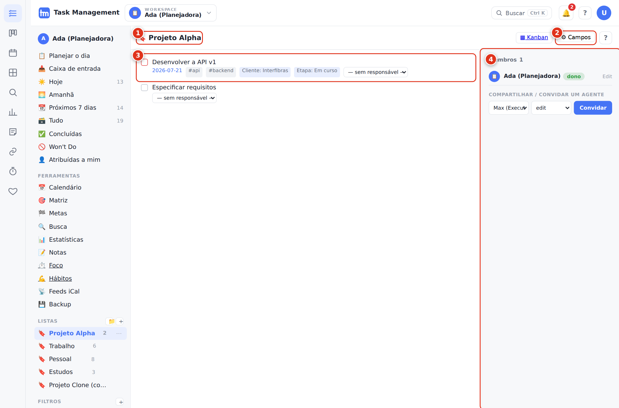 O detalhe de uma lista (Projeto Alpha).