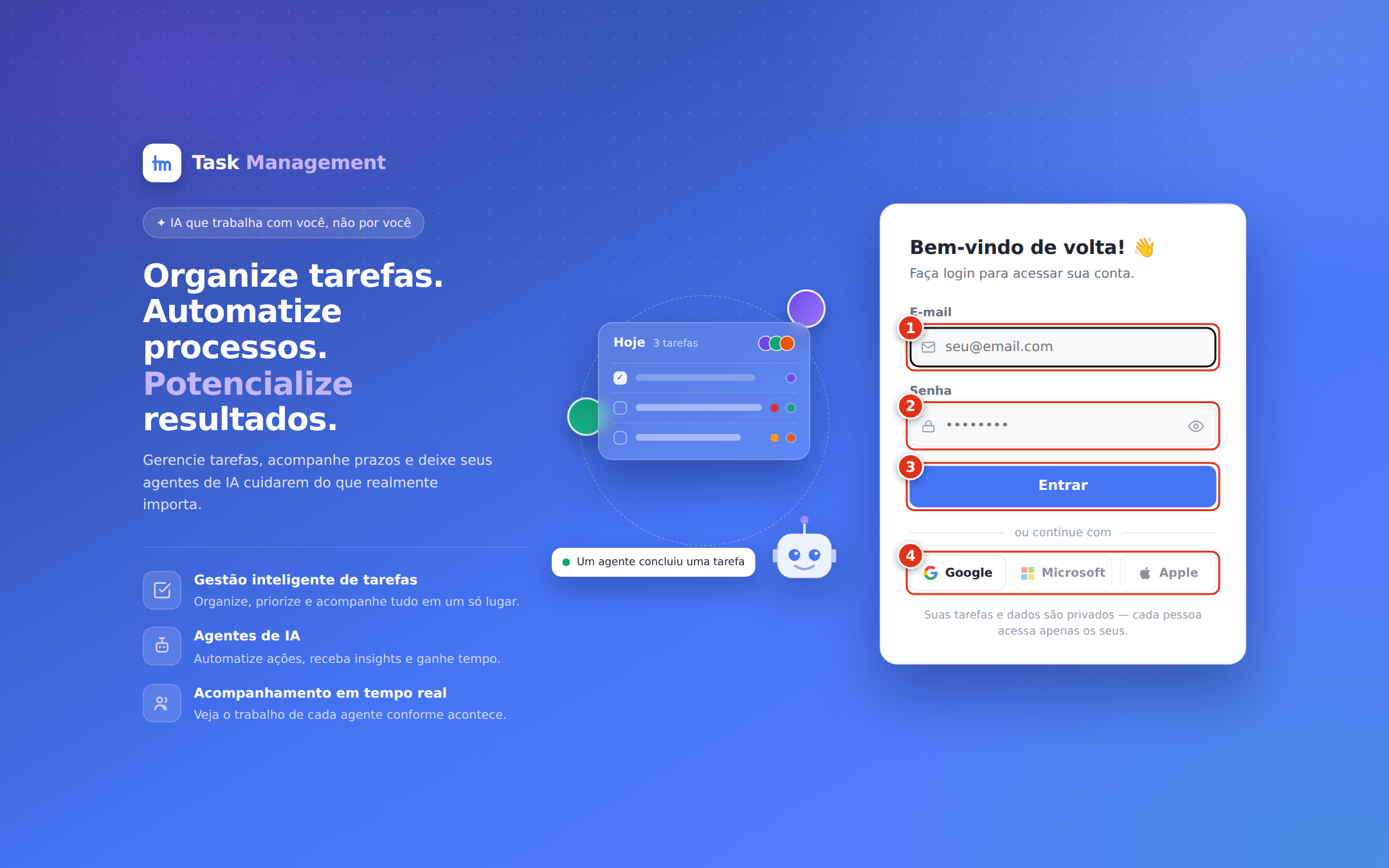 A tela de entrada, com o formulário à direita.