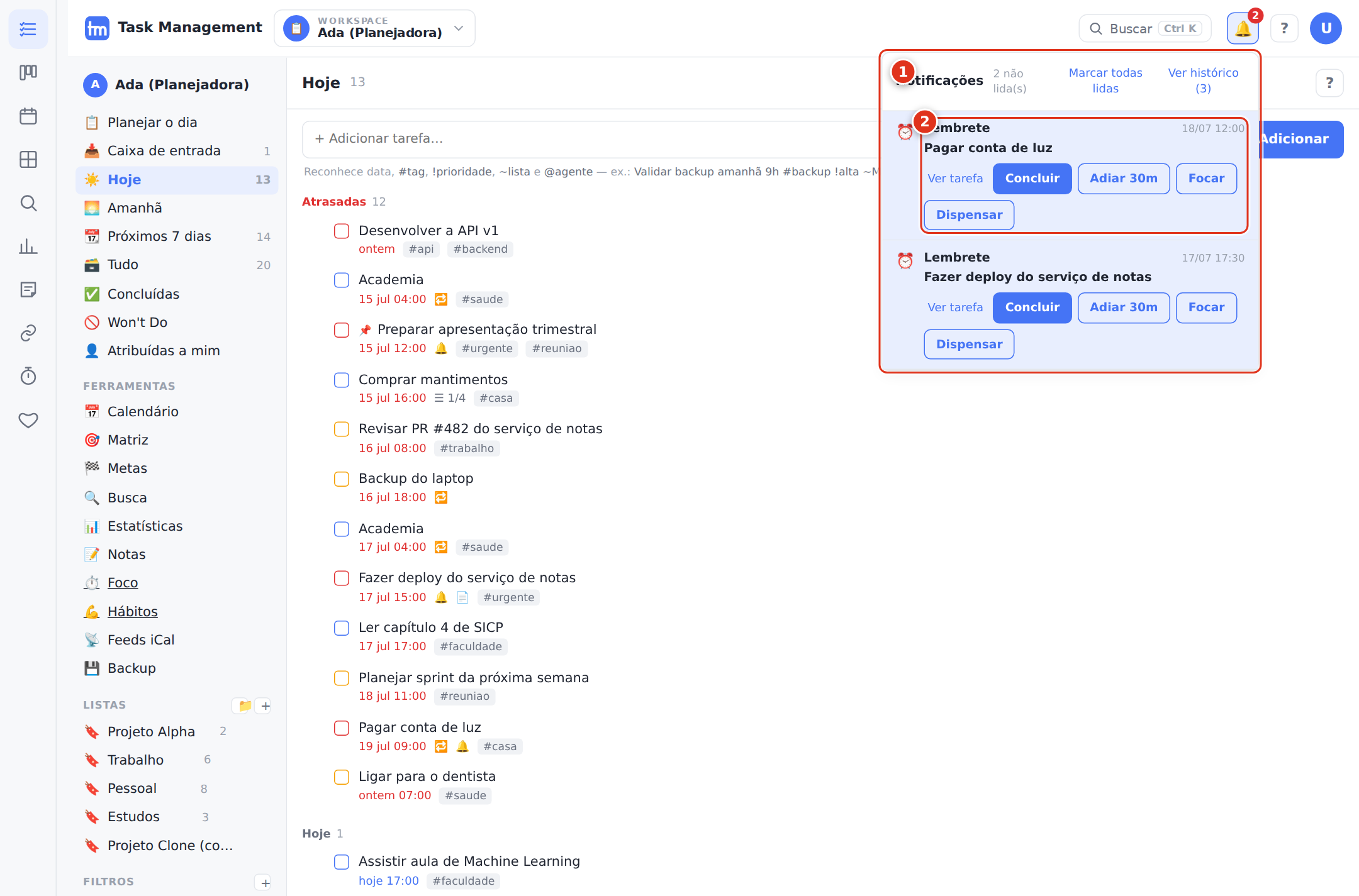 O painel de notificações (sino).